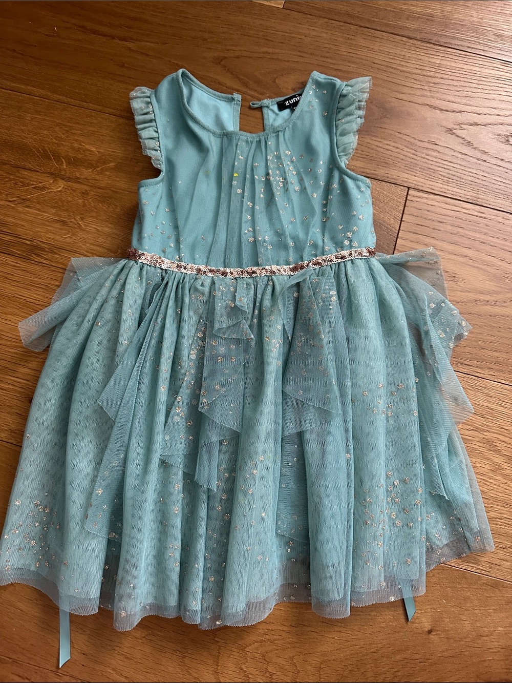 Zunie Teal Blue Tulle Party Dress with Rose Gold Glitter Waist